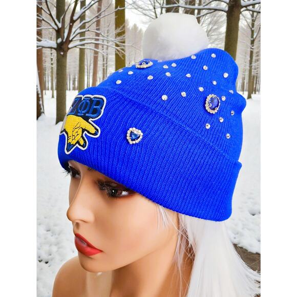 Zeta Phi Beta Blue Beanie design with logo & rhinestones and white pompom - Picture 5 of 5